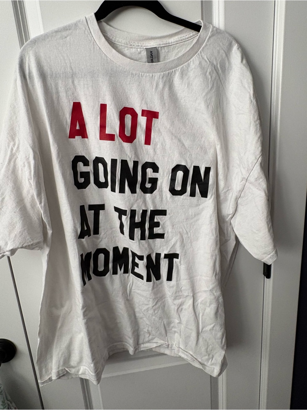 Gildan White Short Sleeve Tee with Red & Black Text